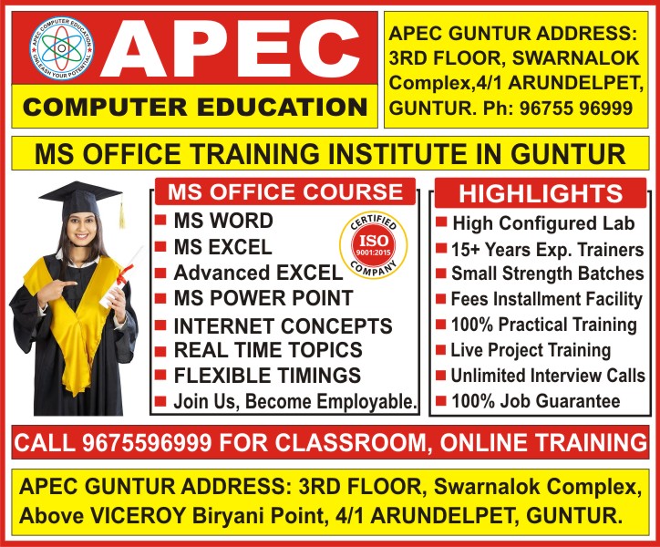 Computer Basics Training in Guntur, MS Office Training in Guntur, MS Office Course in Guntur, MS Office Institutes in Guntur @ APEC Computer Education