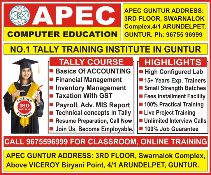 Tally Training in Guntur, Tally Course in Guntur, Tally Institutes in Guntur, Advanced Tally Prime Training Institute in Guntur @ APEC COMPUTER EDUCATION